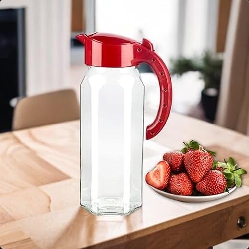 4All Glass Pitcher with Removable Lid Glass Decanters 1.5 Litre Glass Water Jug Juice Jug for Lemonade Milk Jug for Juice Tea Coffee Beverage Dispenser (Red)