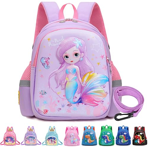 YOUYIKE Meerjungfrau Rucksack Kindergarten, 3D Lila Meerjungfrau rucksack kinder mit Anti-verlorenes Seil, Kita Rucksack, Kindergartenrucksack für Mädchen im Alter von 2 bis 5 Jahren