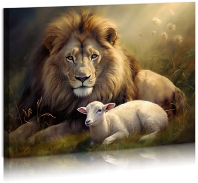 Lion Wall Art Lamb Canvas Prints Jesus Awesome Lamb and Lion Canvas Wall Art Modern Art Painting Framed for Living Room Bedroom Bathroom Office Decor Ready To Hang 30,5 x 40,6 cm