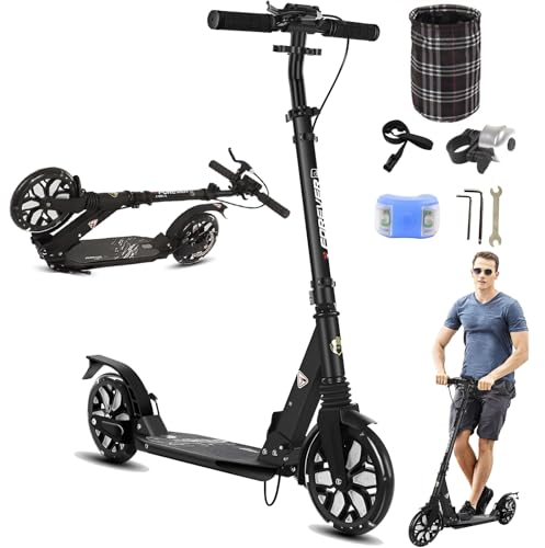 Cityroller mit Big Wheel LED Leuchträdern & Tragegurt Räder 200mm, Klappbar Kickscooter , Stoßdämpfer | Höhenverstellbar, Stoßdämpfer Tretroller Kinder Scooter für Jungen und Mädchenab 5y,Schwarz