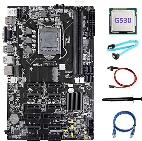 Trisoye Placa Base para MineríA B75 12 PCIE Eth LGA1155 + CPU G530 + Cable SATA + Cable de Red RJ45 + Cable de Interruptor + Grasa TéRmica