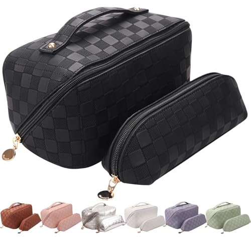 Abiudeng Kosmetiktasche Set,Kulturbeutel-Damen,Kulturtasche,Reise Make up Tasche,Kosmetiktasche,Groß Makeup Bag,Wasserdicht Schminktasche mit Fächern,PU Leder für Frauen,2 Pcs-B-Schwarz