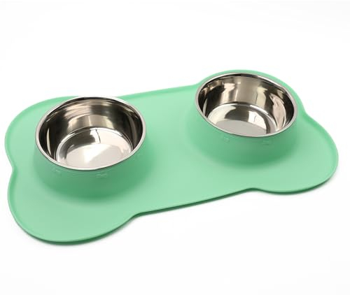 DIVCHI Pets Bowl Food And Drink Double Bowls Set With Silicone Mat Tray For Cats Puppies Small Dogs Feeding (Vista Blue, M)