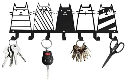 TentHome Schlüsselbrett Schwarz Metall Schlüsselhaken Garderobe Schlüsselboard Katzen Schlüsselhalter mit 7 Haken Wanddekoration für Flur Haustür Eingangsbereich Dekoratives Haken Organizer