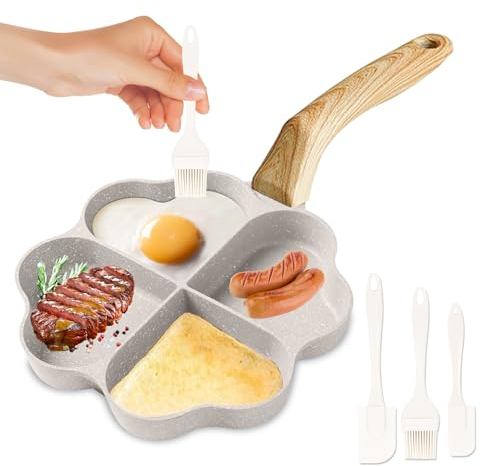 PRITOK Poêle à Œufs en Forme de Cœur à 4 Trous - Anti-Adhésive Avec 3 Spatules en Silicone, Poignée en Bois - Pour Pancakes, Omelettes, Crêpes