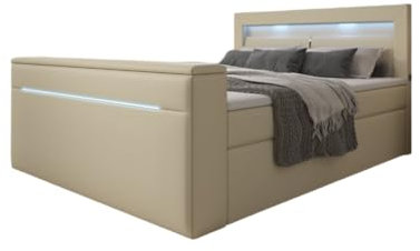 Luxusbetten24 Boxspringbett Reposito 180x200 Doppelbett Polsterbett Bett mit TV Lift, USB, LED und Stauraum | Bezug: Kunstleder | Farbe: Beige | Härtegrad: H4 (100kg+)