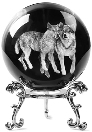 JFTOSALE 60 mm 3D-Laser-Wolf-Kristallkugel, Briefbeschwerer, Glas, dekorative Kugeln, Wölfe, Figuren mit Ständer, Wolfsgeschenke für Wolfsliebhaber, transparent