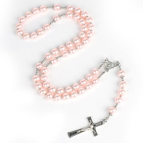 SWAWIS 5 Stück Rosenkranz Kreuz Halsketten Rosenkranz Kette Rosenkranz Katholisch Taufe Deko Kommunion Mädchen Rosenkranz Deko Taufe für Geburtstage, Kommunion Gastgeschenke Taufe Party, Rosa