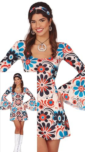 FIESTAS GUIRCA Hippie-Kostüm für Damen, Hippie-Kleid, kurz, 70er-Jahre, mit Blumendruck und Hippie Stirnband, Disco-Kostüm für Damen