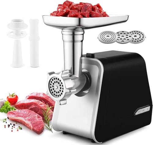 COOCHEER 2000W Elektrischer Fleischwolf, 3-in-1 Edelstahl Fleischmaschine mit 3 Lochscheiben, Wurstfüller & Kibbe-Aufsatz, Wurstmaschine Küchenmaschine für die Heimische Küche