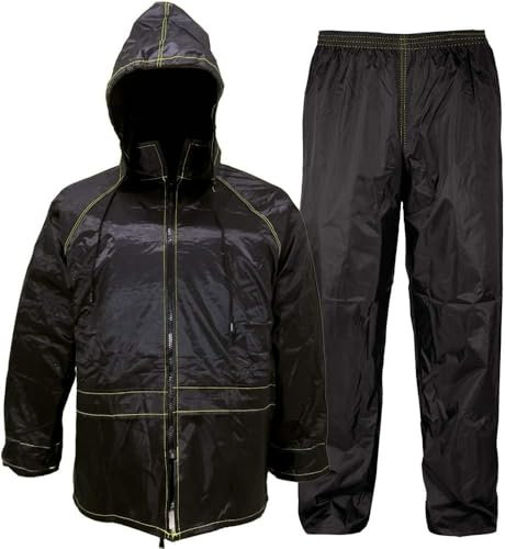 Auto Accessori Lupex Traje de moto impermeable antilluvia y cortavientos, color negro, con bolsa, conjunto de chaqueta y pantalón de lluvia con capucha retráctil, tallas de PVC, unisex para hombre y