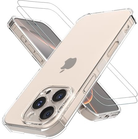 Clear Case for iPhone 16 Pro with 2 x Screen Protector Tempered Glass, Shockproof [Ultra Slim] Scratch Resistant Gel Rubber Silicone [Protective Case] Cover for iPhone 16 Pro