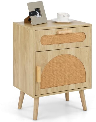 COSTWAY Rattan Bedside Table, Boho Wooden Nightstand Sofa Side Table with Storage Drawer and Door, Solid Wood Legs Bedside Cabinet Accent End Table for Living Room Bedroom, 45x30x61cm, Natural (1)