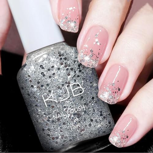 Glitter Nail Polish - Silver Glitter Nail Varnish - Flash Shinny Nail Varnish - Silver Diamond Sparkle Long Lasting Nail Polish - 60 Second Nail Varnish No Bake - Long Lasting Breathable Nail Polish