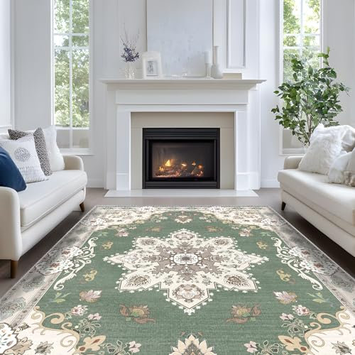 Luogort Grün Teppich Wohnzimmer 160x230cm, Waschbarer Vintage Teppich Kurzflor Teppiche mit Rutschfester Rückseite – Weich, Kindersicher & Pflegeleicht für Büro Esszimmer Kinderzimmer