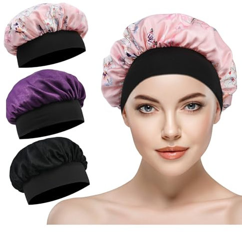 AOGOE 3 Pcs Soft Satin Bonnet, Hair Bonnet for Sleeping, Wide Elastic Band Satin Bonnet, Silk Bonnet Shower Cap, Sleeping Hair Care Cap Bonnets, Night Sleeping Head Cover Sleeping Hat for Girls Women