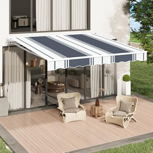 UNIONLINE Retractable Manual Awning, 4x3m DIY Folding Awning with Hand Crank Patio Garden Sun Shade Canopy Gazebo, Anti-UV and Waterproof for Courtyard, Balcony, Restaurant(Blue-White)