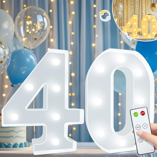 Vimlits Light Up Numbers 40th Birthday Decorations, LED Number Lights Lighted Number Sign for Party Backdrop Wedding Anniversary Remote Wall Table Decor - Cool White & Warm White 40