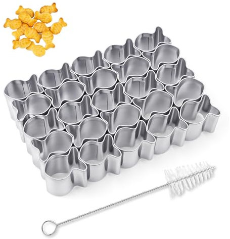 Emporte-Pièce en Forme de Poisson, 25 Cavités en Acier Inoxydable Mini Moules en Forme de Poisson avec Brosse de Nettoyage pour Pâte Antiadhésive Biscuit Pâtisserie DIY