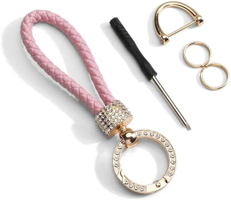 Geflochtenes Leder Schlüsselanhänger, Auto Schlüsselbund mit Strasssteinen, Unisex Schlüsselhalter Schlüsselring, Geschenk für Männer Frauen, Mehrfarbig (Rosa)