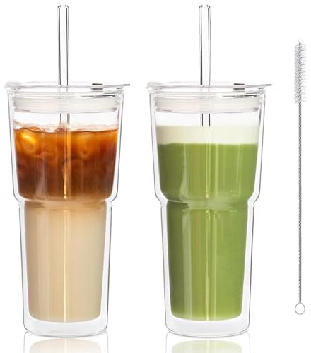 KEMORELA Latte Macchiato Gläser doppelwandig 600ml – Trinkbecher mit Deckel und Strohhalm, To Go Becher aus Glas, Thermogläser für Kaffee, Frappe & Kaltgetränke, 2er Set