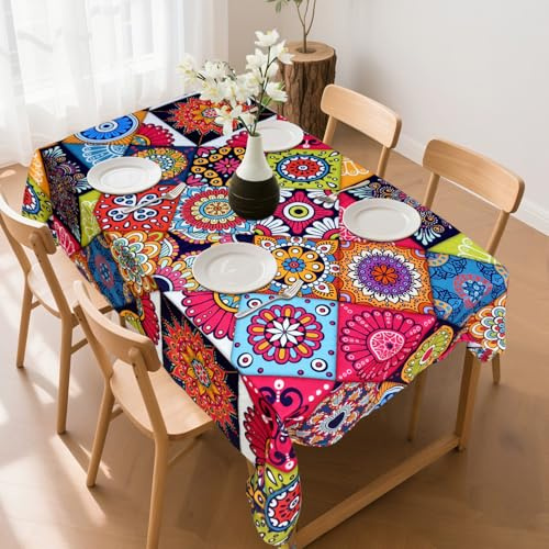 Gartentischdecke Wetterfest,Tischdecke Abwaschbar Outdoor Boho Style Garten Tischdecken für Draußen Polyester Rechteckige Tischtuch für Abendessen Küche Gartentisch Esstisch Couchtisch,140×200cm