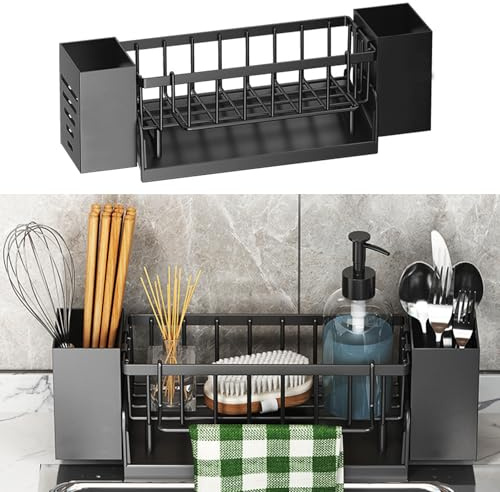 SANLIUBA Porta Spugna Cucina Lavello,Organizer per Spugne Organizer per Lavello Organizer per Cucina Include due Portaposate per Accessori da Cucina: Spugne/Spazzole/Portasapone (Nero)