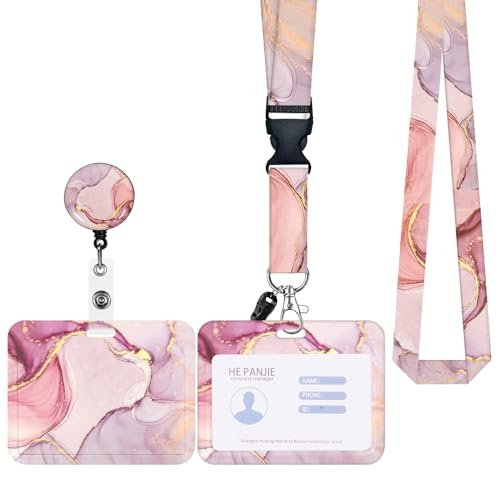Porte Badge Carte Clés avec Cordon Tour de Cou Enfant (Marbre Rose-2) | Swivel Lobster Clasp avec Lanières Rétractables pour Cartes d'étudiant d'Identification d'Infirmière Caméra Femme Homme