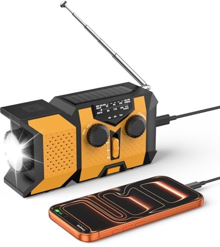 Notfall-Kurbelradio 2000mAh, Dynamo Radio mit SOS & LED, AM/FM Camping | Tragbares Radio: Solar-, USB-C- & Kurbel-Ladung, Power-Indikator, IPX3. 10 h Licht oder 20 h Radio, NOAA