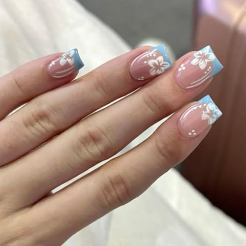24Pcs French Tip Nails With Glue, Square False Nails, Short Press On Nails In Pink & Blue Tip Design With Floral Accents, Acrylic Stick On Nails For Women, Ideal For Daily Wear Or Party Decor
