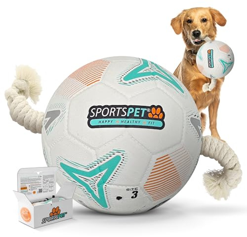 SPORTSPET Tug Rope Dog Football, Tough Fetch Toy (White, Medium) | Durable Interactive Dog Ball Toy for Tug of War & Fetch, Tough Outdoor Dog Toy for Medium & Large Dogs, Dog Birthday Gift