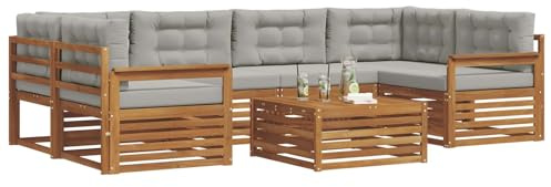vidaXL Outdoor-Sofagarnitur mit Kissen 7 pcs Natürlich und Hellgrau, Gartenmöbel, modernes Outdoor-Sofa, strapazierfähiges Set, Terrassen-Lounge und Sitzgruppe