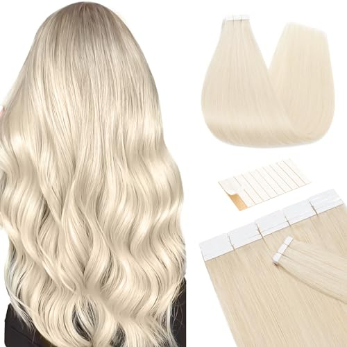 TESS Tape Extensions Echthaar Weiß Blond Echthaar Tape in Haarverlängerung Remy Human Hair Glatt 10 Stück(60cm)-25g
