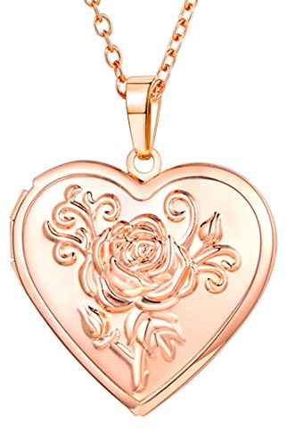 U7 Medaillon zum Öffnen Damen Rosegold Herz Kette mit Bild zum Aufklappen Foto Bilder Amulett Blumen Herzanhänger Frauen Mädchen Personalisiert Souvenir Charm Modeschmuck für Ferien Dating