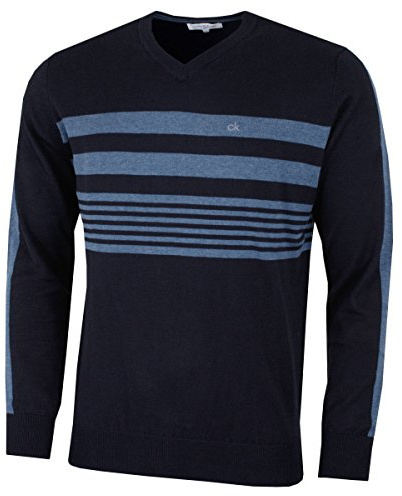Calvin Klein Mens V Neck Performance Soft Chest Stripe Sweater Navy