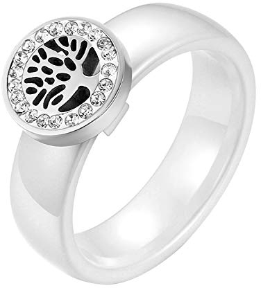 JewelryWe Schmuck Damen-Ring, Elegant Baum des Lebens Edelstahl Strass Keramik Ring Band, Weiß Silber, Größe 59