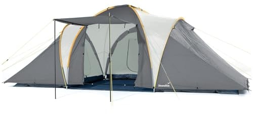 Skandika Kuppelzelt Daytona XXL 6 Personen | Familienzelt mit 3 großen Schlafkabinen, 3000 mm Wassersäule, 195 cm Stehhöhe, Moskitonetze, Sonnensegel | Campingzelt für Familie und Freunde (grau/grün)
