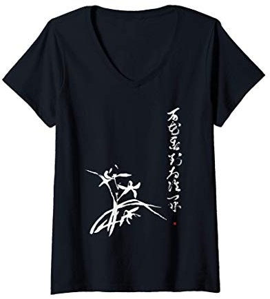Damen Zen Koan Künstlerische Japanische Kalligrafie Orchidee Sumie T-Shirt mit V-Ausschnitt