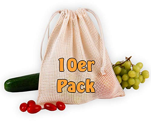 Cottonbagjoe ,,Zero Waste'' | 10 Stoffbeutel 17x20 cm | wiederverwendbare Brot-, Obst- und Gemüsebeutel aus Bio-Baumwolle | nachhaltige Netzbeutel mit Kordelzug für den Einkauf und zur Lagerung