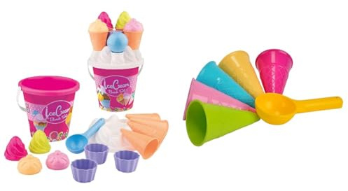 Simba Eimergarnitur EIS, 14 Teile, Sandkasten, Wasserspielzeug, Sandspielzeug, Es Wird nur EIN Artikel geliefert & Sandformen EIS, 5 Waffeln, 1 Portionierer, Sandspielzeug, 15cm, Geschenkset