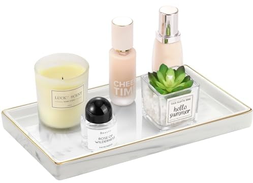 Luxspire Bandeja de Almacenamiento de Cerámica, Bandeja Decorativa Rectangular con Borde Dorado para Guardar Joyas Cosméticos Perfume, Organizador para Baño Cocina Mesa Hogar, Talla M - Mármol Blanco