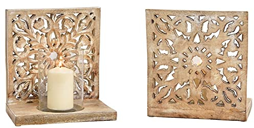 CHICCIE Windlicht Blumen Mangoholz 27cm - Naturdeko Kerzenhalter Teelichthalter