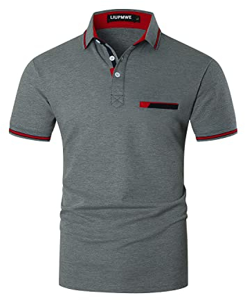 LIUPMWE Herren Poloshirts Kurzarm Baumwolle Polo Shirts Polohemd Männer Slim Fit Golf T-Shirt Mit Taschen S-XXL,L,Grau