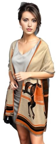 LA FERANI - Kashmir Damenschal Poncho 180x70cm Wollschal Pferd Muster Winter sanft Orange Rosa Umschlagtuch Umfang Mode Kaschmir Schal (Orange)
