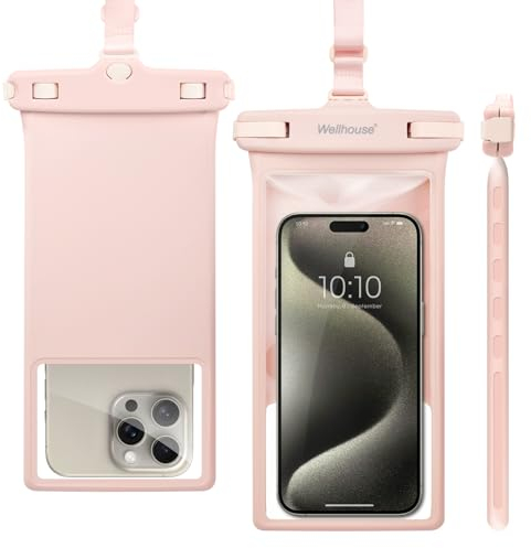wellhouse Wasserdichte Handytasche/Handyhülle für iPhone 15, 14, 13, 12 Pro Max, XS, Samsung, IPX8, 3D, Strand-Essentials (Rosa, 1er-Pack, 8 Zoll (20,3 cm)