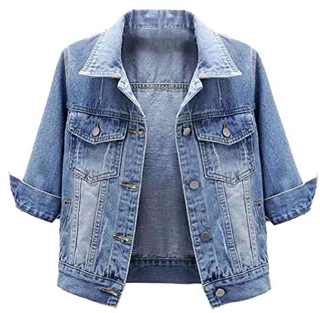 Freebily Women's 3/4 Sleeve Denim Jacket Casual Lapel Button Down Cropped Jean Trucker Jacket With Pockets Light Blue XXL