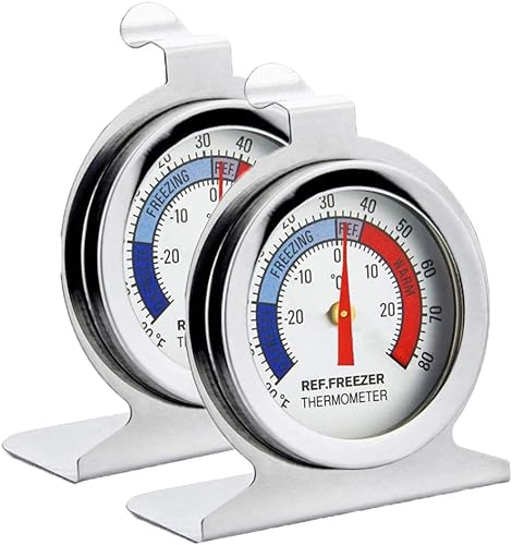 JZK 2 x Edelstahl Kühlschrank Gefrierschrank Thermometer Classic Series Großes Zifferblatt Thermometer mit Haken und Ständer