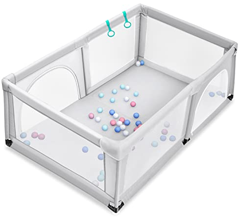 LIFEZEAL Baby Laufgitter 192x122x69cm, Laufstall Absperrgitter mit atmungsaktivem Netz, Krabbelgitter mit Reißverschlusstüren & Spielbällen, Kinder Aktivitätszentrum Indoor & Outdoor (Grau)