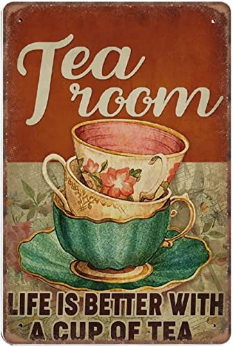 Tea Room Tin Signs, Coffee Shop Decor Retro Vintage Metal Sign Plaqu Poster Wall Art Pub Bar Kitchen Garden Bathroom Home Deco, Poster, Plaque, Decorative Wall Art, 2 Sizes (A4, 21 x 28cm)