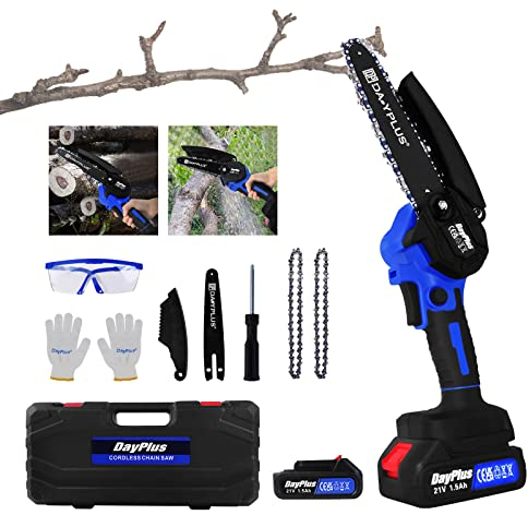 Mini Kettensäge mit Akku, 6 Zoll Akku Kettensäge Elektrisch Handkettensäge, Mini Kettensäge Akku Kettensäge mit Akku und Ladegerät, 1 x 1500 mAh Akkus & 2 Ketten, Elektro Kettensäge für Gartenscheren